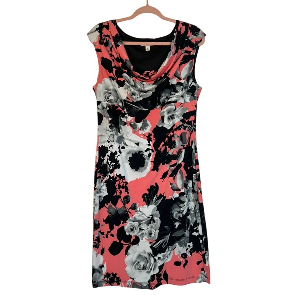 Dress Barn Black Gray Pink Floral Sleeveless Bodycon Stretch Midi Dress Size 14